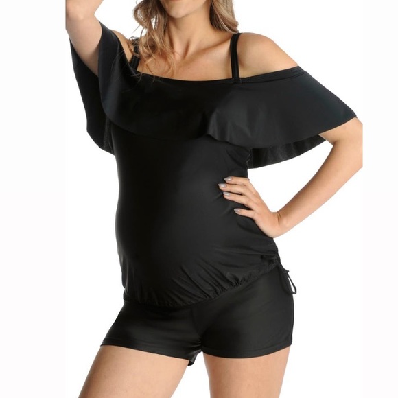 Mermaid Maternity Black Ruffle Cold Shoulder Drawstring Hem Tankini Swimsuit Top - Picture 11 of 11